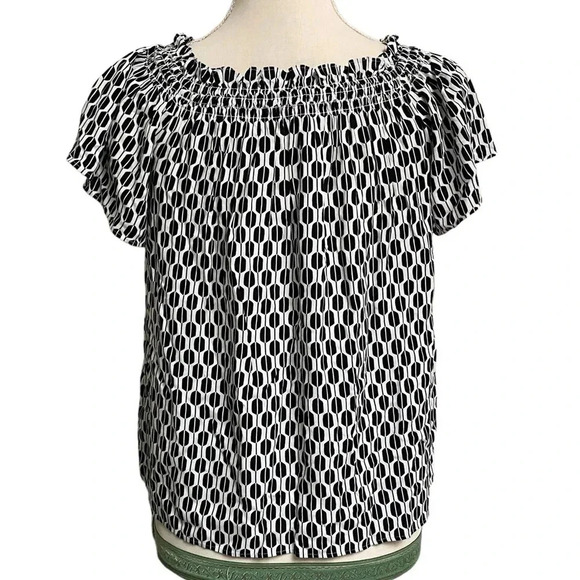 Kate Spade Off Shoulder Tassel Top Black White Abstract Print XXS Rayon - Picture 12 of 16